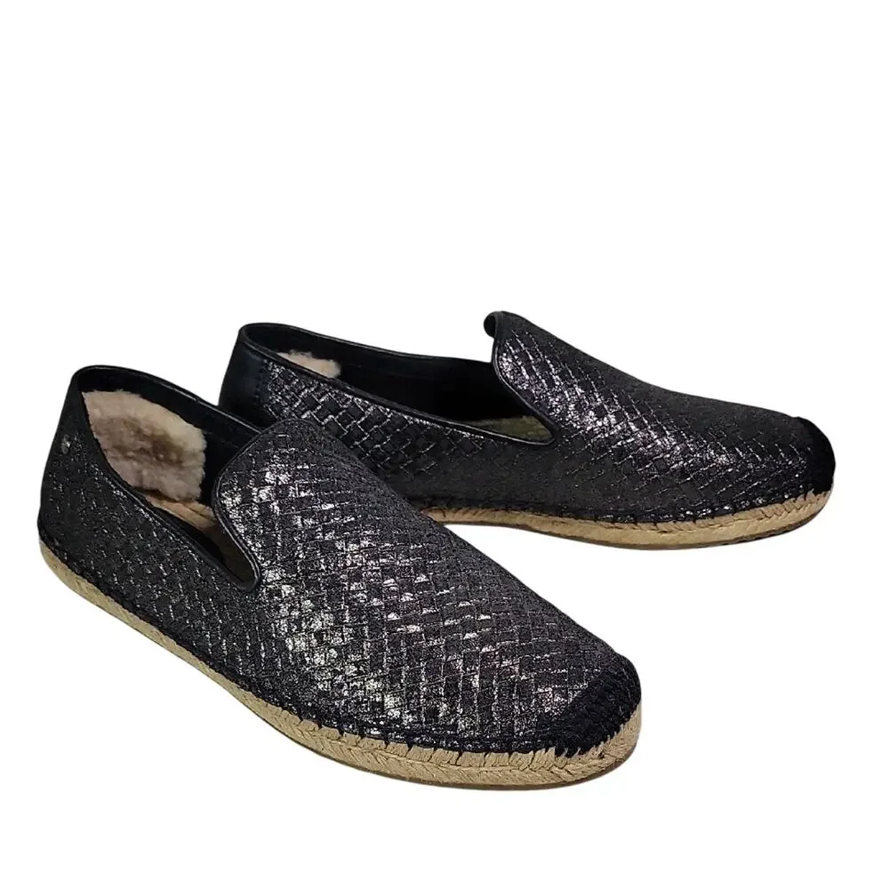 Ugg Sandrinne Metallic Black Basket Weave Espadrille Flats Womens Size 7